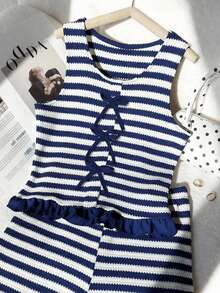 2pcs/Set Striped Bow Tie Sleeveless Crop Top+Ruffle Hem Shorts Set For Teenage Girls,Sweet & Spicy Style,Summer Casual Beach Parties Outfits - Blue and White - View 4