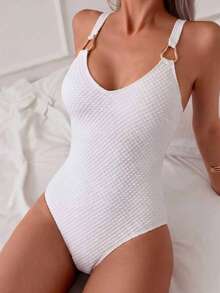 Swim Mod 1pc Women's Textured Solid Color Fabric Casual One-Piece Swimsuit - Apricot - View 3