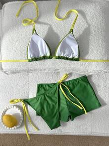 Swim Vcay Set de 3 piezas: Top de bikini con estampado de halter, Bottom con lazos y bragas de tiro bajo - Conjunto de traje de baño sexy - Verde - Ver 4