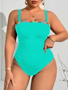 Slaydiva 大码连体泳衣，饰有3D立体花卉图案 - 薄荷綠 - 查看 3