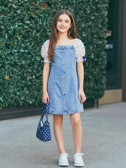 Elladie kids Vestido de mezclilla lavado casual y elegante con mangas cortas de malla y hombros descubiertos para niñas preadolescentes, adecuado para salidas, viajes, vacaciones y uso informal en verano