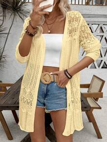 SHEIN LUNE Women's Casual Solid Color Hollow Out Long Sleeve Loose Cardigan - Yellow - View 3
