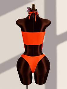 Zestiva Bộ bikini 2 mảnh gợi cảm dành cho nữ, gồm áo hai dây và bikini, cổ khoét sâu, đính hạt lấp lánh và in họa tiết ánh kim, dây xích kim loại viền lượn sóng, thích hợp cho kỳ nghỉ biển. - trái cam - Xem 2