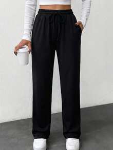 Women's Solid Fake Drawstring Comfortable Medium Stretch Good Quality Casual Sleep Bottom - Black - View 1