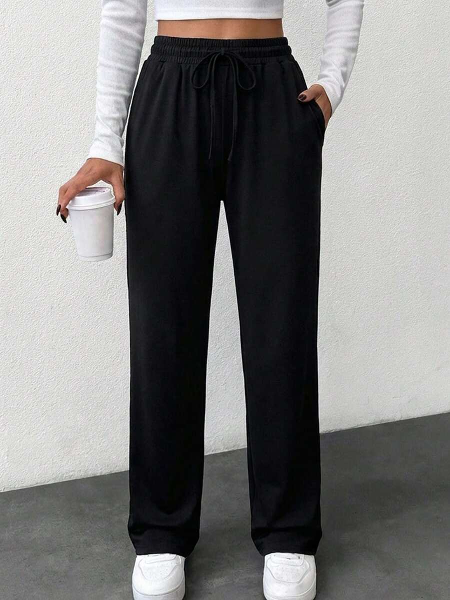 Women's Solid Fake Drawstring Comfortable Medium Stretch Good Quality Casual Sleep Bottom - Black - View 1