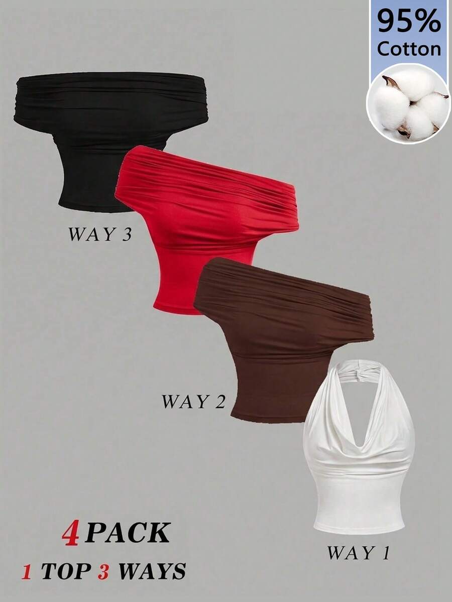 SHEIN MOD 4件装女士95%棉三穿纯色修身上衣 - 垂领、露肩、无肩带,休闲美观的春夏上衣,适合节日、海滩度假、下午茶会、舞会、嘉年华、西部风情节等场合,可爱又时尚。 - 彩色 - 查看 1
