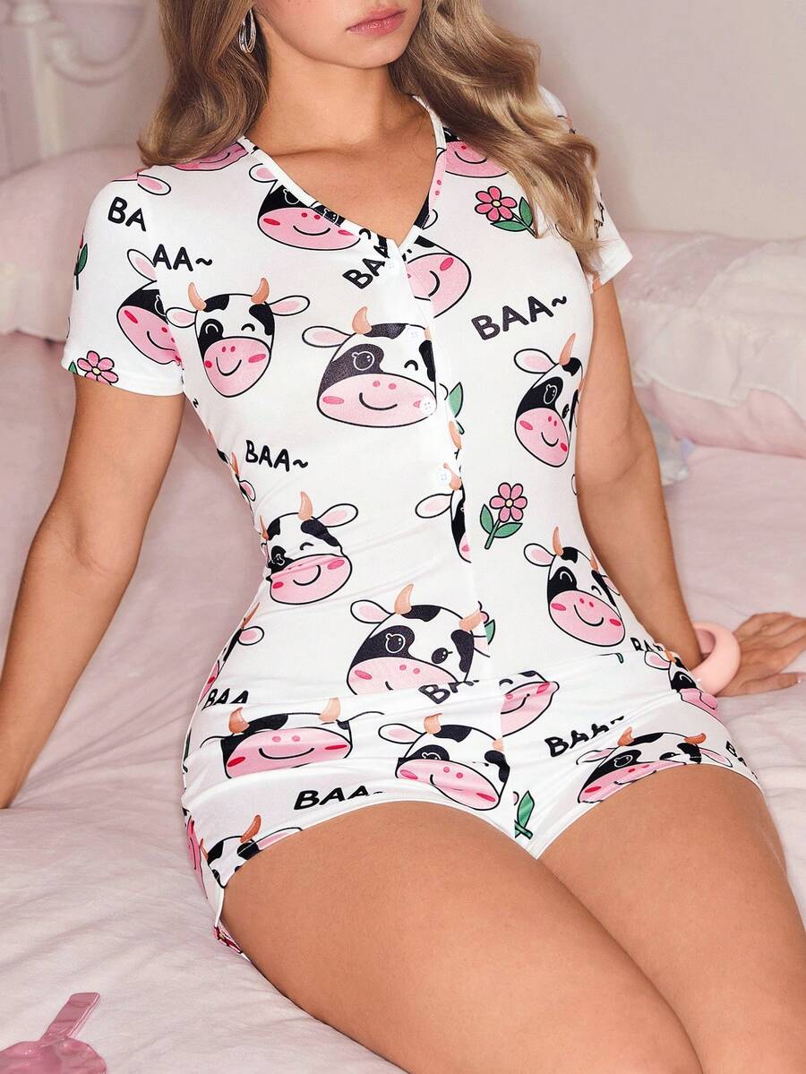 SweetSlumber 可爱卡通奶牛印花女士睡衣连体裤 - 彩色 - 查看 1