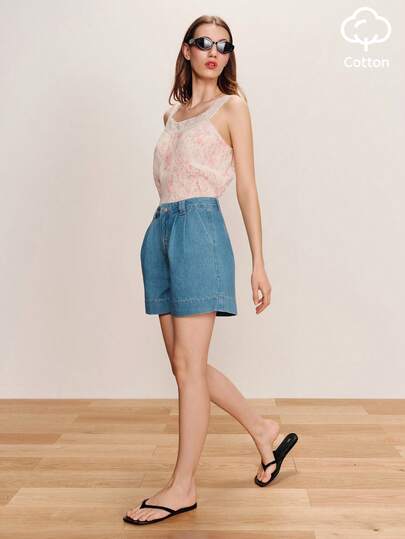 lacRébo 高腰A字牛仔短裤，前褶设计，春夏度假穿搭，法式巴黎风情。