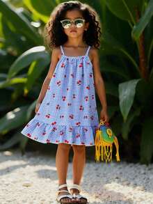 SHEIN Elladie kids 女童蓝色樱桃印花梭织面料吊带连衣裙，配有同款上衣，适合夏季日常穿着、外出、旅行、度假和聚会。 - 藍色 - 查看 3