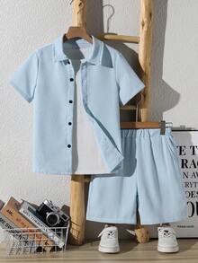 Tween Boy Summer Casual Solid Color Shirt & Shorts Set - Baby Blue - View 3