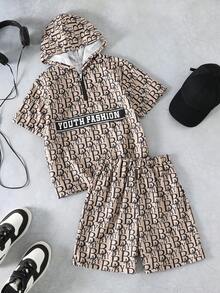 Mirajuku 2pcs/Set Tween Boys' Allover Print Hooded Polo T-Shirt And Matching Shorts, Soft And Comfortable Fabric, Suitable For Summer, Outdoor, Sports, Photography, School And Various Occasions - Khaki - View 1