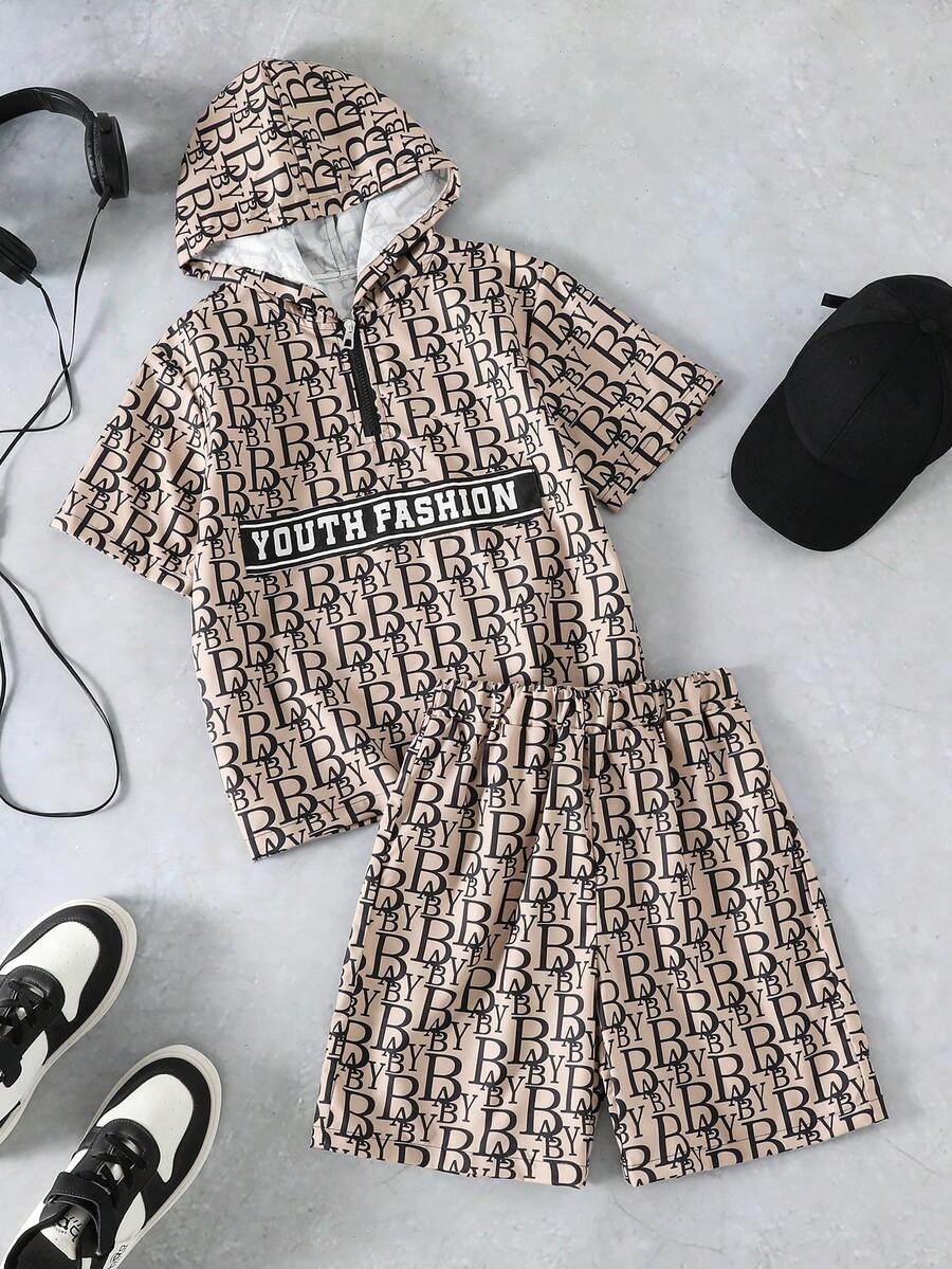 Mirajuku 2pcs/Set Tween Boys' Allover Print Hooded Polo T-Shirt And Matching Shorts, Soft And Comfortable Fabric, Suitable For Summer, Outdoor, Sports, Photography, School And Various Occasions - Khaki - View 1