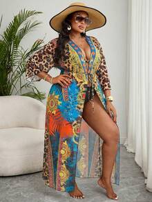 Slaydiva Kimono Panjang Model Ikat Pinggang Motif Leopard Blok Warna Ukuran Plus - MultiWarna - View 4