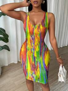 Eryvara Đầm ôm sát không tay xếp ly nhuộm màu tie-dye cho mùa năm mới. - màu xanh lá - Xem 3