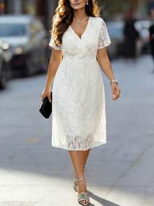 SHEIN Clasi CURVE Plus Size V-Neck Short Sleeve Rabbit Ear Floral Lace Elegant Women Dress - White - View 1