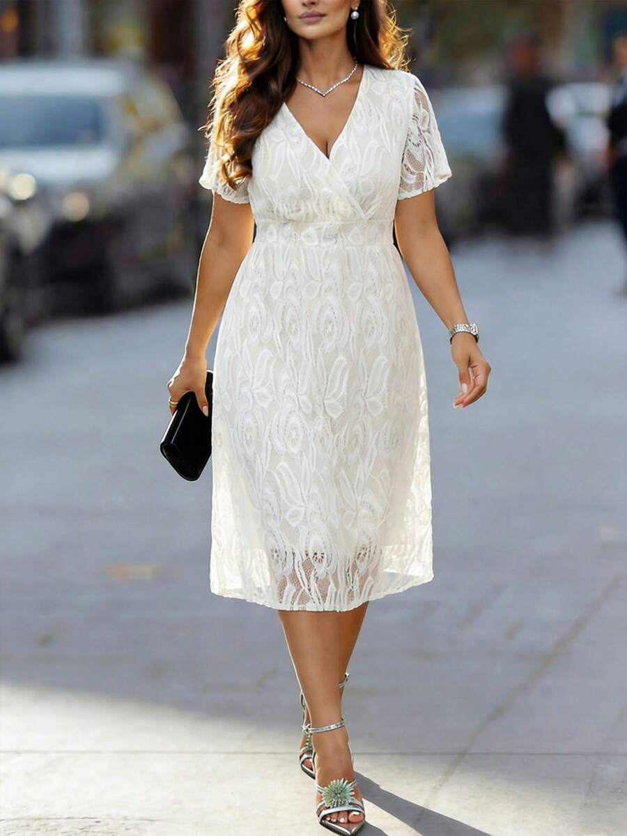 SHEIN Clasi CURVE Plus Size V-Neck Short Sleeve Rabbit Ear Floral Lace Elegant Women Dress - White - View 1