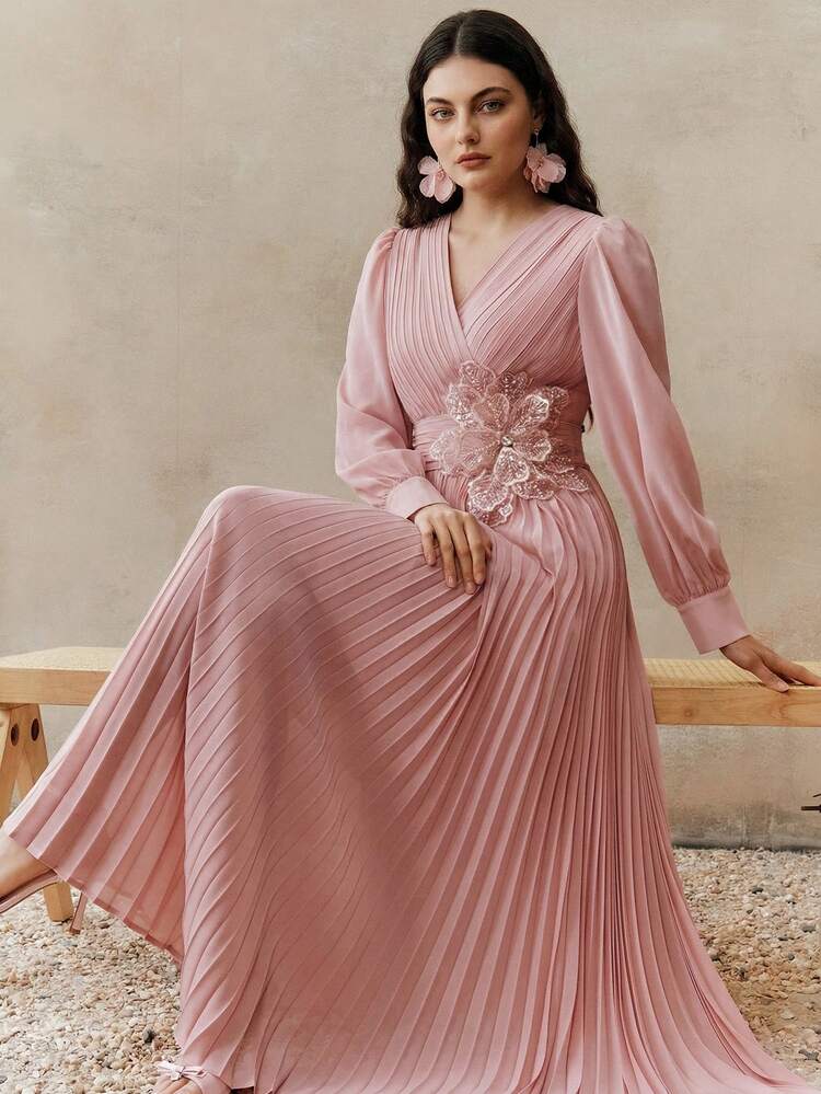 New Spring Pink Women's Long Sleeve Cross Neck Waist Tie Floral Design Pleated Plus Size Dress