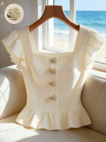 Franclia Women's Elegant Solid Color Ruffle Hem Blouse, Summer Blouse With Rose Buttons - Apricot - View 1