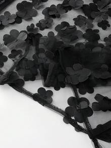 Franclia 女士优雅方领荷叶袖腰部拼接网纱刺绣3D立体花边连衣裙，适合春夏外出和约会 - 黑色 - 查看 6