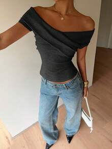 Siren Gaze Women's Casual Off-Shoulder T-Shirt, New Spring/Summer Design - Grey - View 7