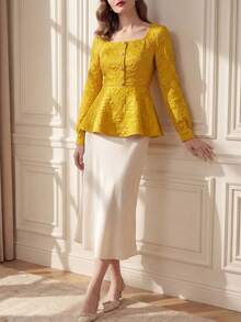 Suri Mira Minimalist Jacquard Woven Yellow Long Sleeve Blouse, Versatile For Commute, Date, Office, Church, Back To School, Teacher - Yellow - View 6