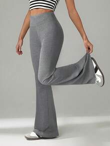 SHEIN Tall 女士休闲纯色高腰喇叭裤 - 灰色 - 查看 6