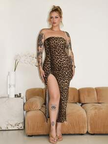 Arliah 女士性感豹纹开衩抹胸连衣裙，夏季 - 彩色 - 查看 2