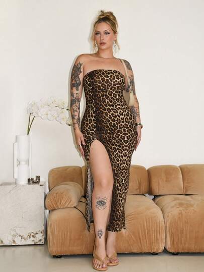 Arliah Váy Bandeau xẻ họa tiết da báo gợi cảm cho nữ, mùa hè