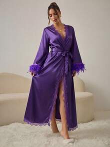 HautHeat Bata de mujer con cuello en V, encaje, retorcido y peluda, con empalme sexy para uso diario y en el hogar - Morado - Ver 4