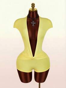 Amplova Deep Draped Neck Twist Front Jumpsuit With Ruched Sleeves - Light Yellow - View 3