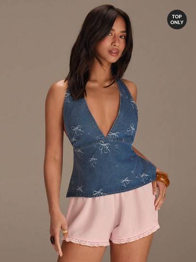 Athîral Women's Casual Sleeveless V-Neck Backless Denim Blouse, Suitable For Spring And Summer Vacation