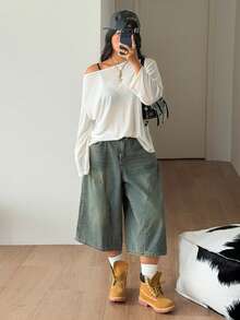 Coolane Women's Plus Size Summer Oversized Inclusive Sizing Streetwear Y2K  Comfortable Asymmetrical Neck Knit Off The Shoulder Long Sleeve T-Shirt - White - View 2