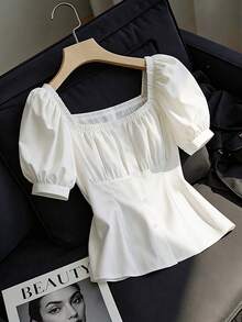 Franclia Women's Solid Color Square Neck Petal Sleeve Elegant Summer Versatile Plus Size Blouse - White - View 3