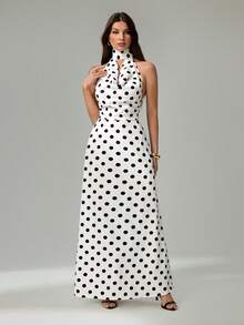 SHEIN Tall Đầm dài chấm bi thanh lịch với cổ áo xòe rộng dành cho nữ - trắng - Xem 3