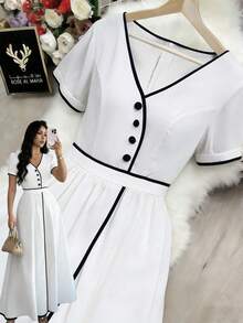 Ellegaria. Women's Elegant Long Dress With Trim Button Design Short Sleeves - Apricot - View 7
