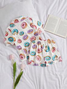 Bộ áo cardigan cổ bẻ tay ngắn và quần short in hình bánh donut dễ thương cho bé gái, chất liệu chống cháy. - Màu be - Xem 2