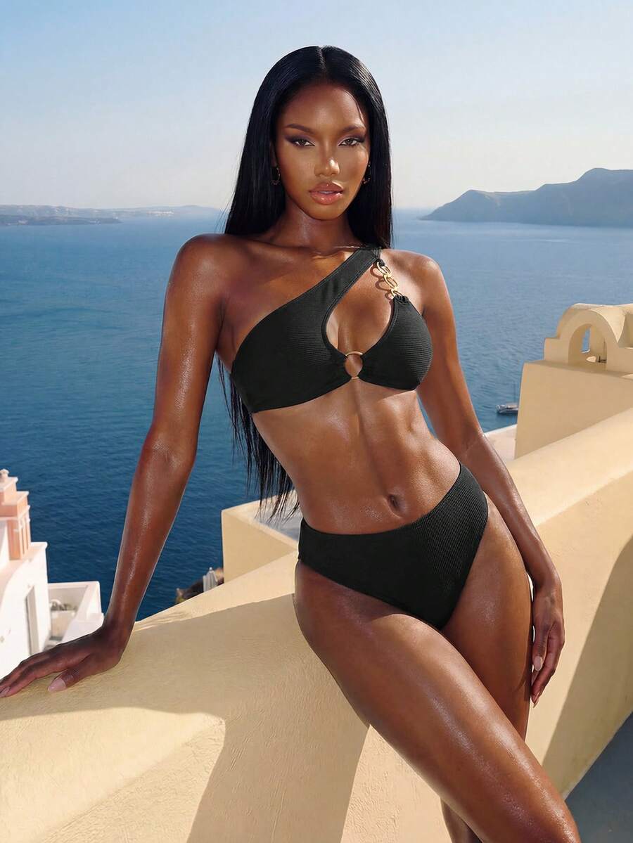 Vaytide Bộ bikini Monokini hở vai một vai gợi cảm dành cho nữ có dây xích, đi biển mùa hè - màu đen - Xem 1