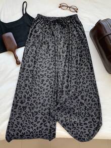 SHEIN EZwear Quần ống rộng nữ màu xanh nhạt họa tiết da báo, cạp chun, kiểu dáng thường ngày. - Màu xanh bụi bặm - Xem 7