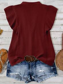 Linhara Plus Size Casual V-Neck Partial Placket Ruffle Trim Blouse - Red - View 2