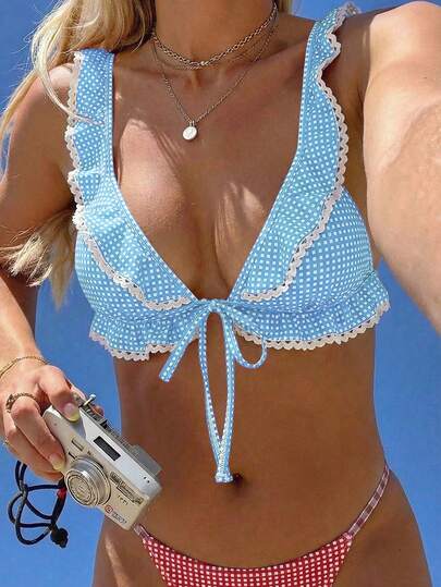 Swim Mod Women's Sweet Cute Plaid Print Ruffle Trim White Lace Casual Beach Vacation Swimsuit Top