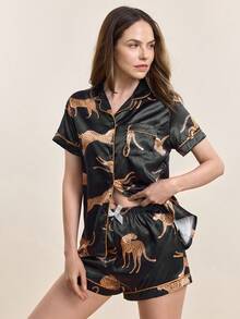 Hourtrue [Dreamery]Conjunto de pijama de mujer con estampado de leopardo, popelina, manga corta y pantalones cortos para el verano - Negro - Ver 8