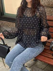 FRIFUL Áo kiểu nữ màu trắng trơn, chất liệu vải mỏng nhẹ, họa tiết chấm bi xếp lớp, dáng rộng, thoải mái, có nơ buộc cổ. - màu đen - Xem 2