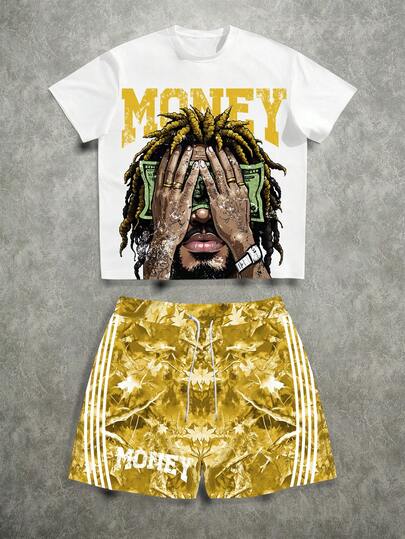 Manfinity ZONE917 Conjunto casual de camiseta de manga corta con cuello redondo y estampado de letras, y pantalones cortos con estampado de hojas para hombre