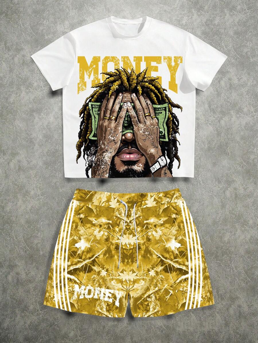 Manfinity ZONE917 Men's Letter Print Round Neck Short Sleeve T-Shirt And Leaf Print Shorts Casual Set - Yellow - View 1