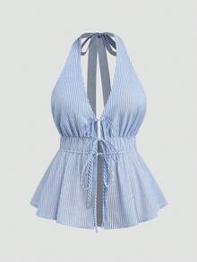 Sweetra Bộ đồ nữ 2 món: Áo hai dây hở lưng in họa tiết kẻ sọc và quần ống rộng có dây rút, kiểu dáng thường ngày. - Xanh và trắng - Xem 5