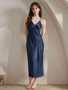 Ocili Comfortable Silky Satin-Like Soft Spaghetti Strap Nightgown For Women - Navy Blue - View 5