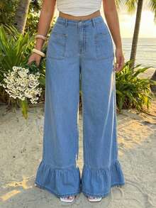 Sunnyshic Plus Size Solid Color New Ruffled Hem Loose Pocket Jeans - Blue - View 10