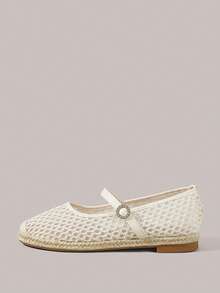 Styleloop Giày nữ phối lưới ren, đính đá, khóa tròn, kiểu thắt lưng, mũi tròn, đế bằng, phong cách Pháp thanh lịch, dịu dàng, đế rơm, màu mơ. Thích hợp cho du lịch nghỉ dưỡng và hẹn hò. - Màu be - Xem 2