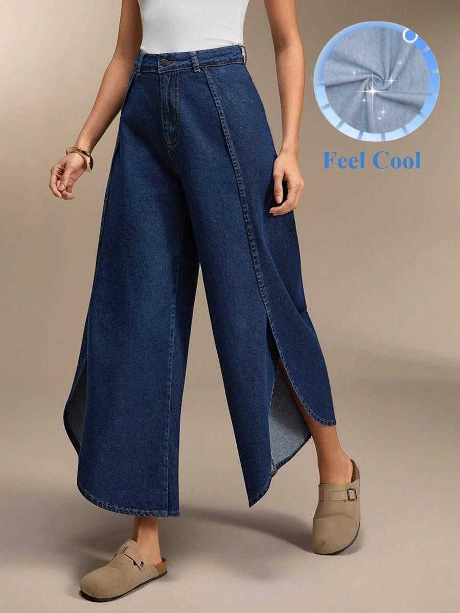 SHEIN Denim Cut-Out Wide Woman Trousers Split Leg Deatiled - Dark Wash - View 1