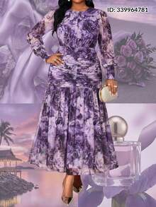 SHEIN Lady Plus Size Elegant Floral Print Ruffle Dress,Purple Autumn Wedding Guest Dress For Women,Classy Party Graduation Ceremony Spring Casual Summer Dresses - Purple - View 7